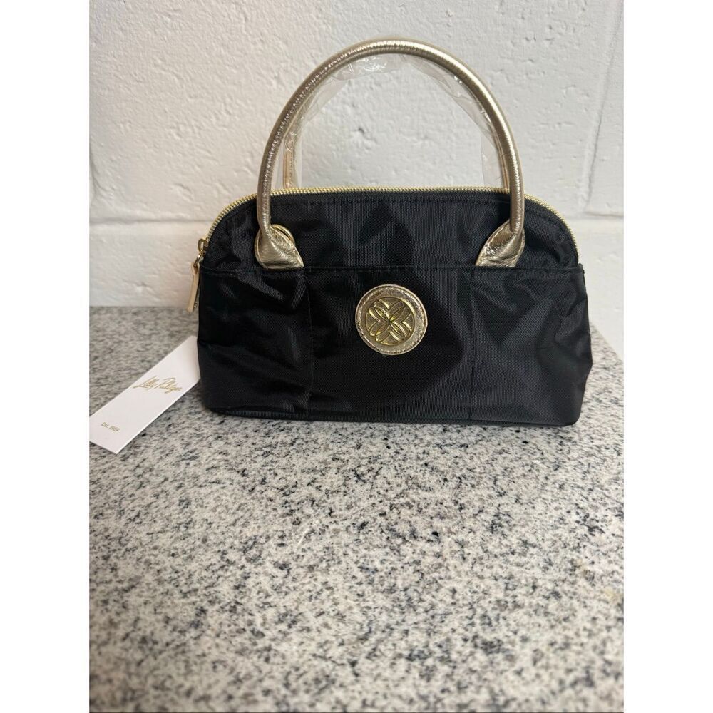 Lilly Pulitzer Kerrington Top Handle Noir Mini Bag NWT Black Gold Nylon Satchel